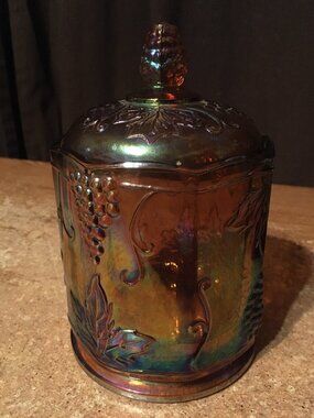 VINTAGE INDIANA CARNIVAL GLASS IRIDESCENT MARIGOLD HARVEST GRAPE CANISTER JAR WI
